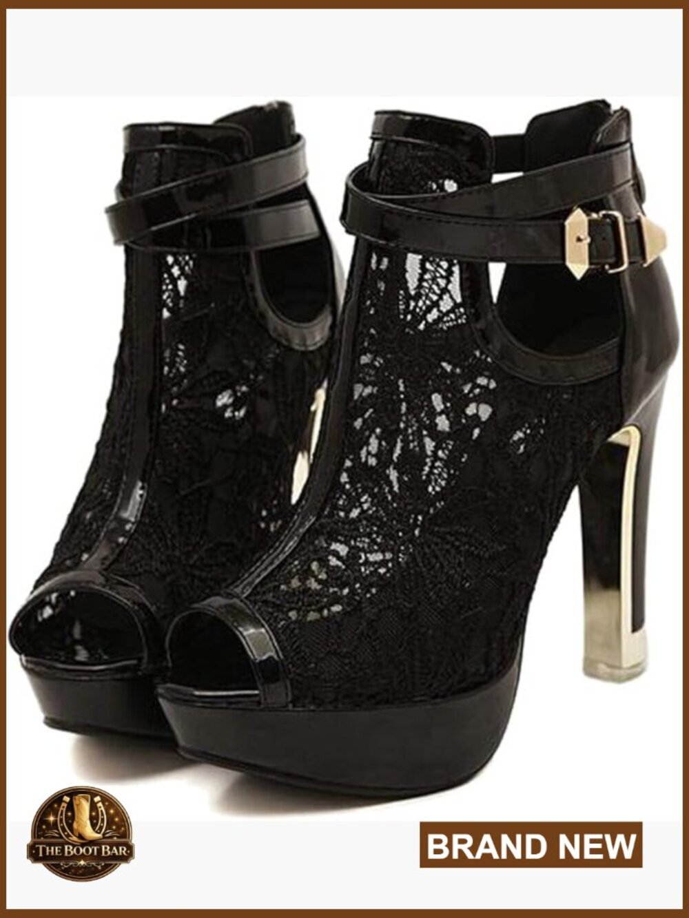 Open Toe Ankle Boots with Lace Flowers, Buckle Closure, High Heel